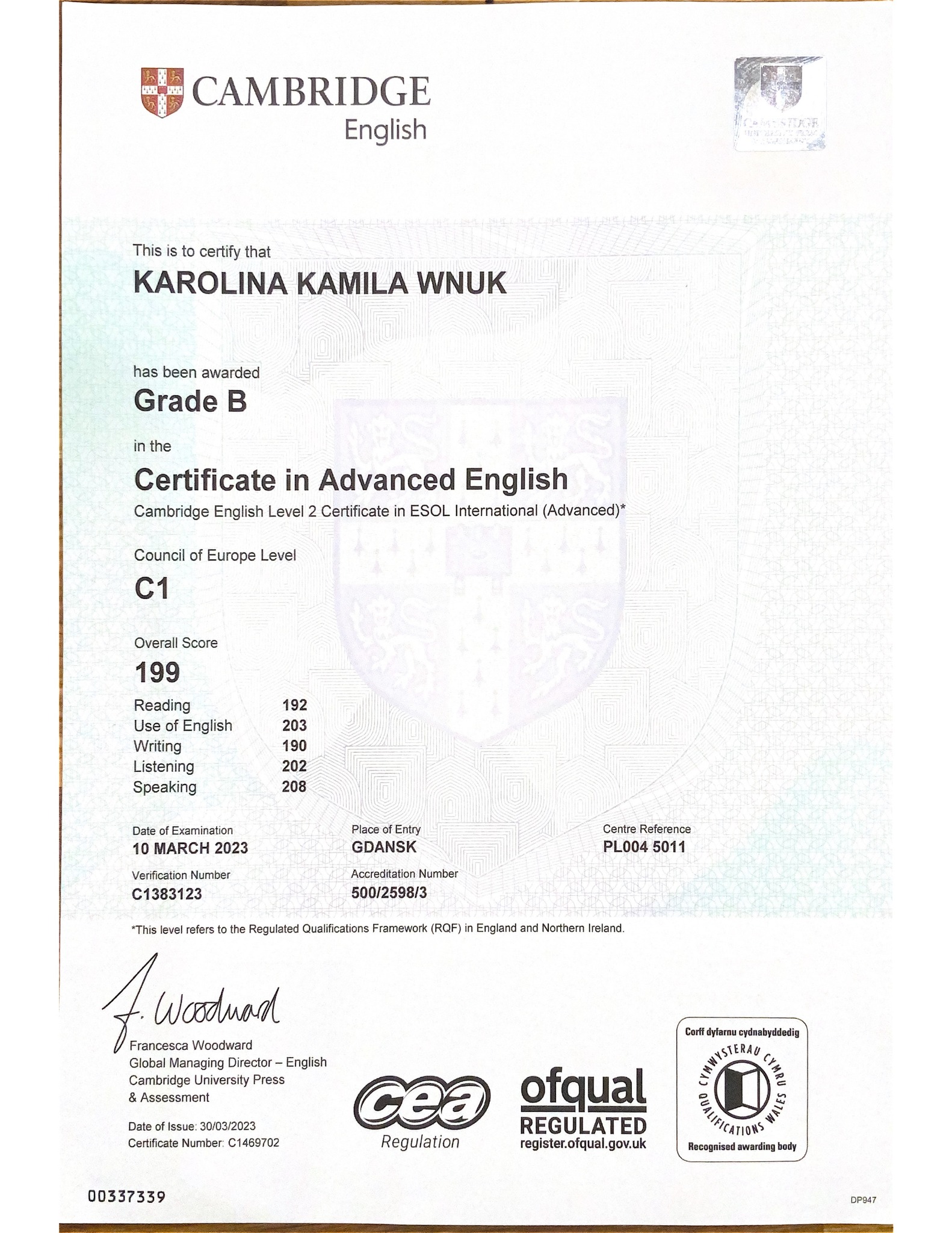 Skan certyfikatu Cambridge English Advanced (CAE) z wynikami egzaminu i danymi osobowymi zdającego, Karolina Kamila Wnuk, z datą wystawienia 30 marca 2023.