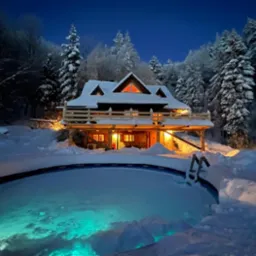 Oświetlony drewniany domek z balkonem w zimowej scenerii, obok podświetlony basen w śniegu, nocne ujęcie.