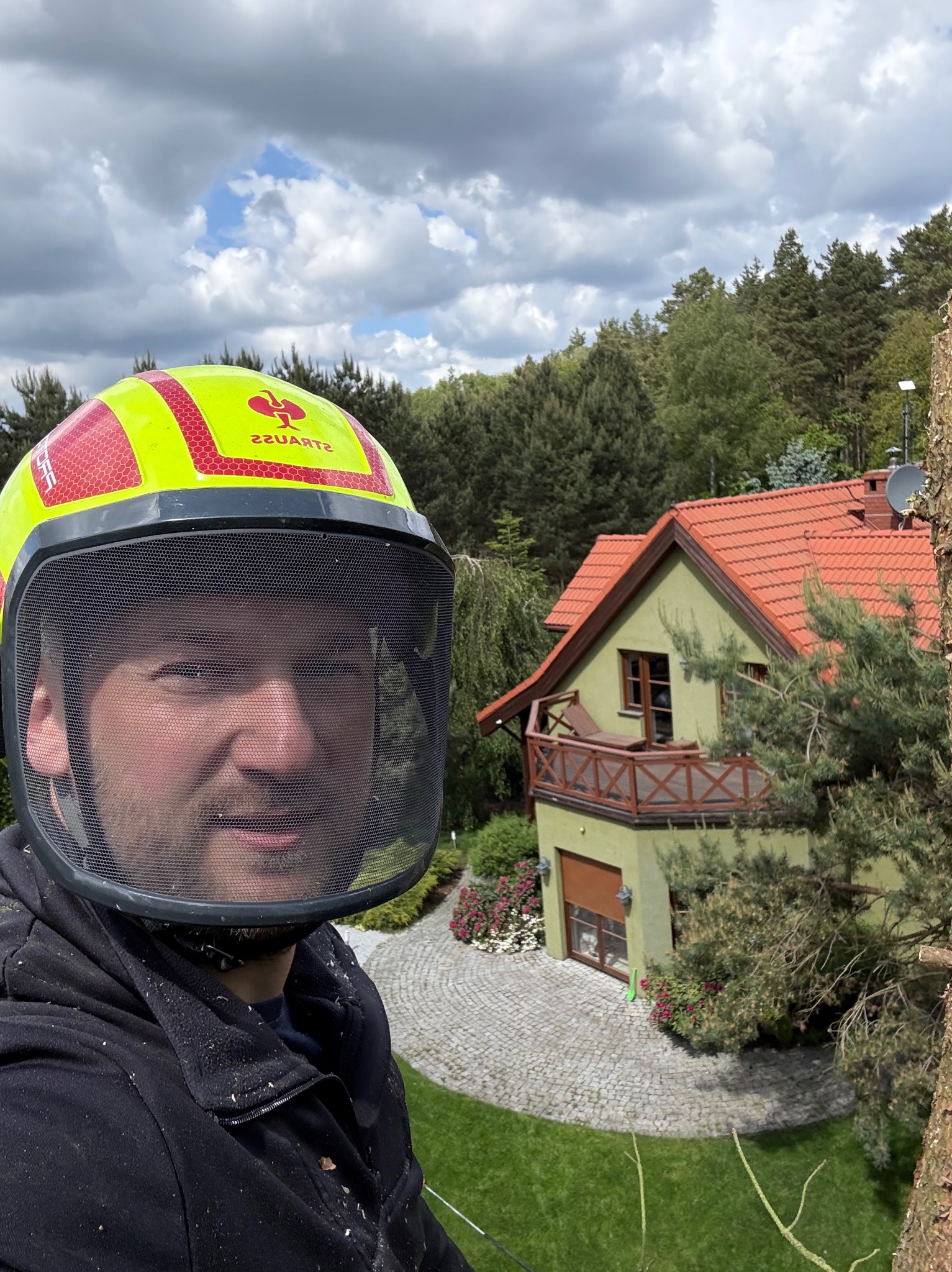 Arborysta w kasku ochronnym z siatką na tle domu i zieleni. Widoczne świeżo ścięte gałęzie, sugerujące wycinkę drzew. Ujęcie z dołu, podkreślające wysokość.