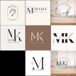 Kompozycja dziewięciu wariantów logo 'Mama Kuchnie' z inicjałami MK w różnych stylach graficznych, od minimalistycznych po bardziej ozdobne, prezentowanych na neutralnym tle, niektóre z rozmytym...