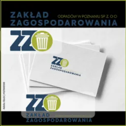 Stos wizytówek z logo i nazwą firmy Zakład Zagospodarowania Odpadów w Poznaniu, z symbolem kosza na śmieci w kolorze zielonym i napisem w kolorze granatowym.