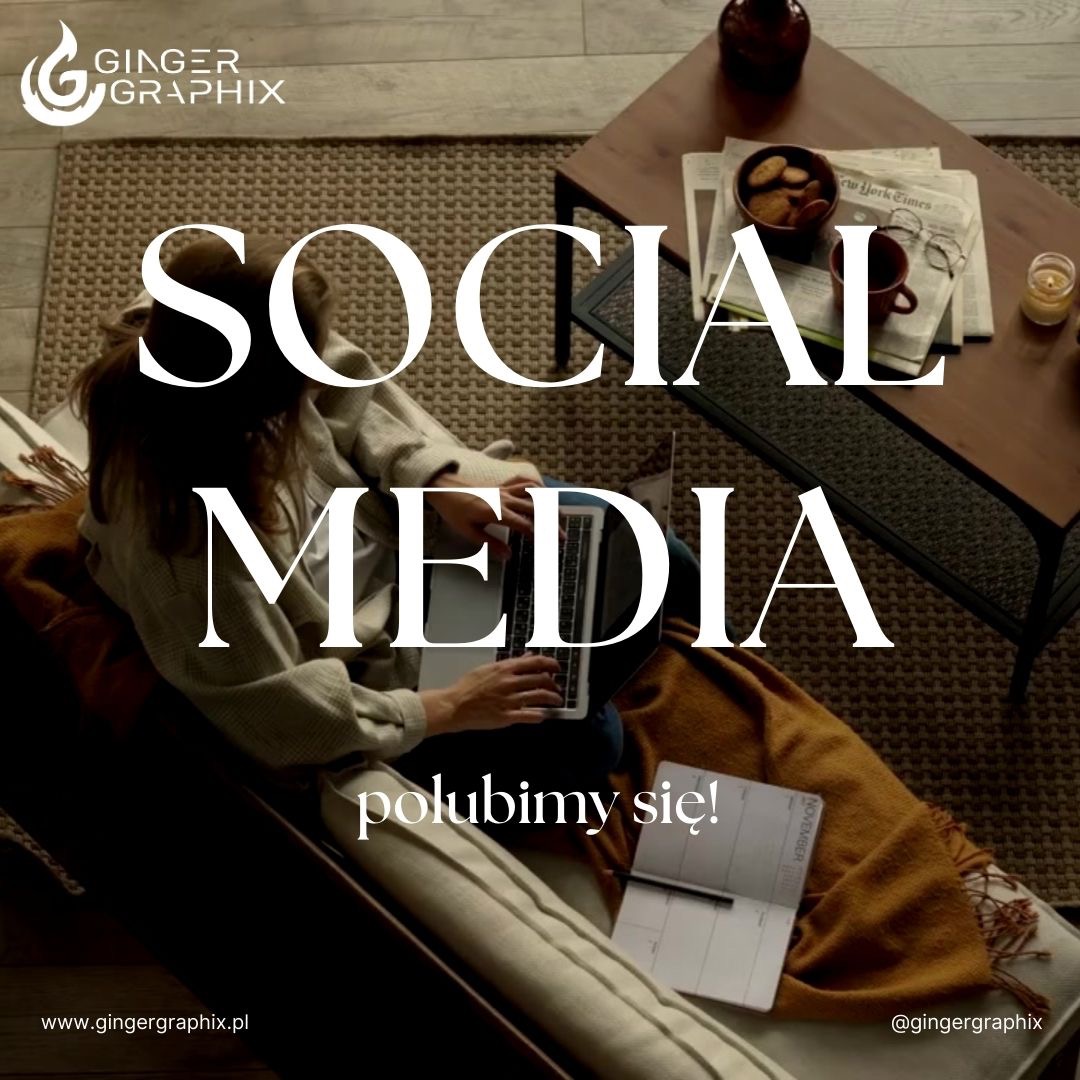 Kobieta siedzi na leżance z laptopem na kolanach, obok kalendarz, na stoliku gazeta, filiżanka i ciasteczka, z dużym napisem SOCIAL MEDIA i hasłem 'polubimy się!'