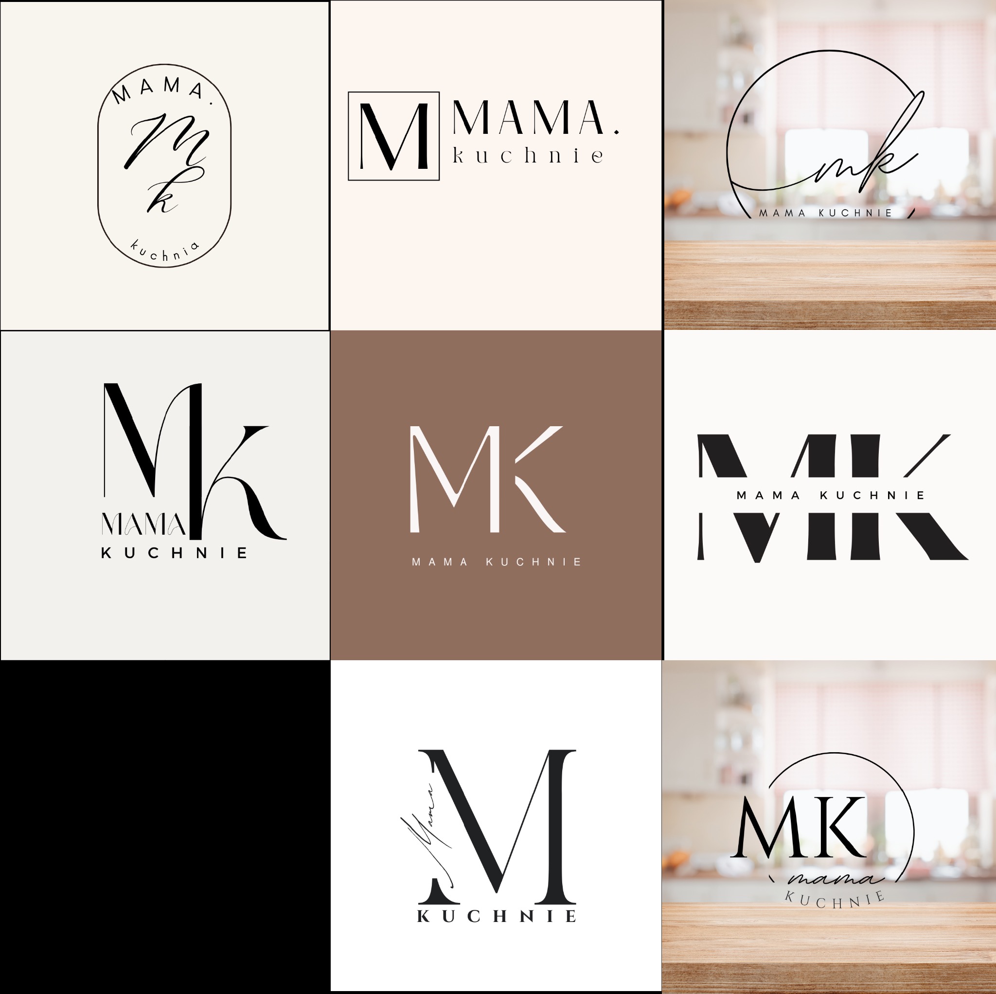 Kompozycja dziewięciu wariantów logo 'Mama Kuchnie' z inicjałami MK w różnych stylach graficznych, od minimalistycznych po bardziej ozdobne, prezentowanych na neutralnym tle, niektóre z rozmytym...
