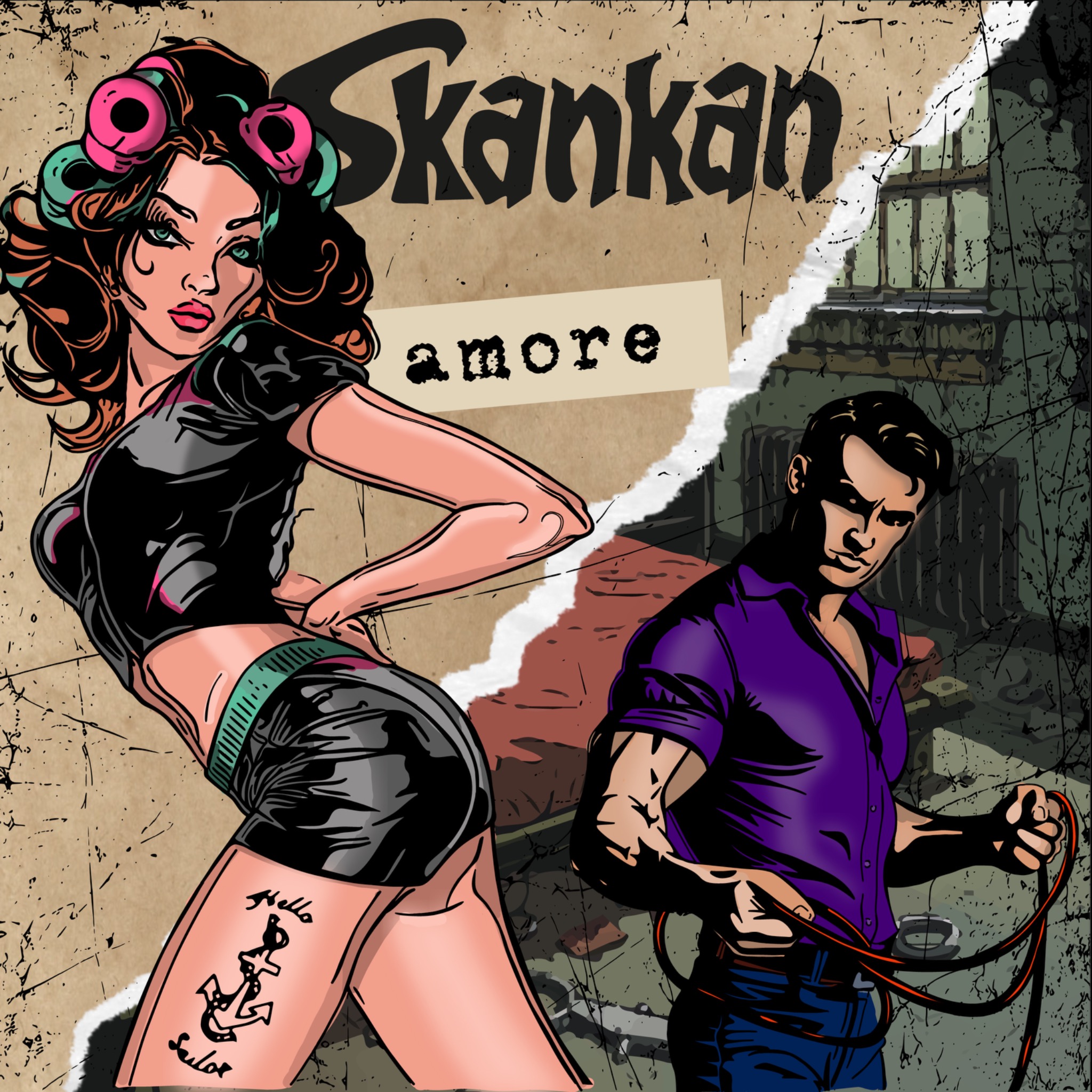 Ilustracja w stylu komiksowym przedstawiająca kobietę z tatuażem kotwicy i mężczyznę trzymającego kabel, na tle z efektem zniszczonego papieru i napisem 'Skankan amore'.