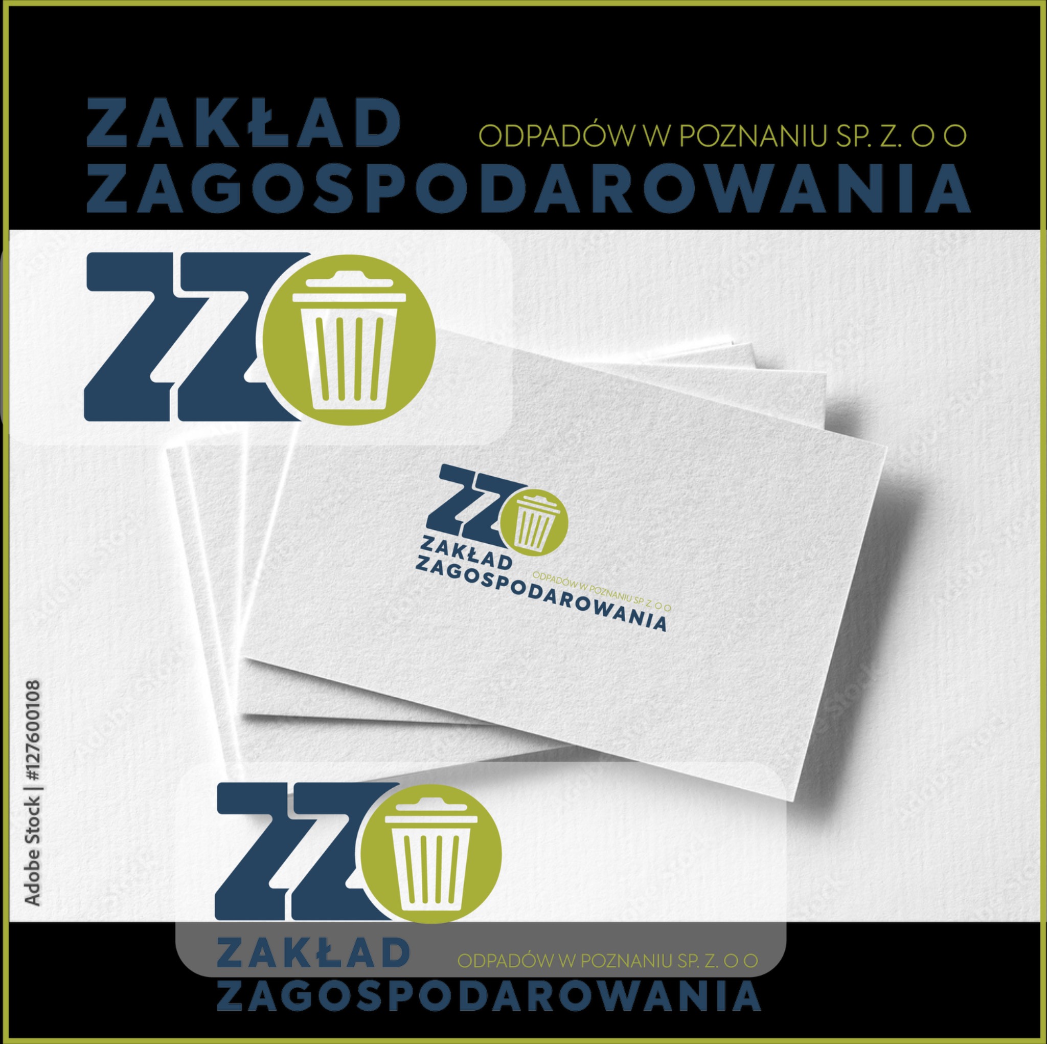 Stos wizytówek z logo i nazwą firmy Zakład Zagospodarowania Odpadów w Poznaniu, z symbolem kosza na śmieci w kolorze zielonym i napisem w kolorze granatowym.