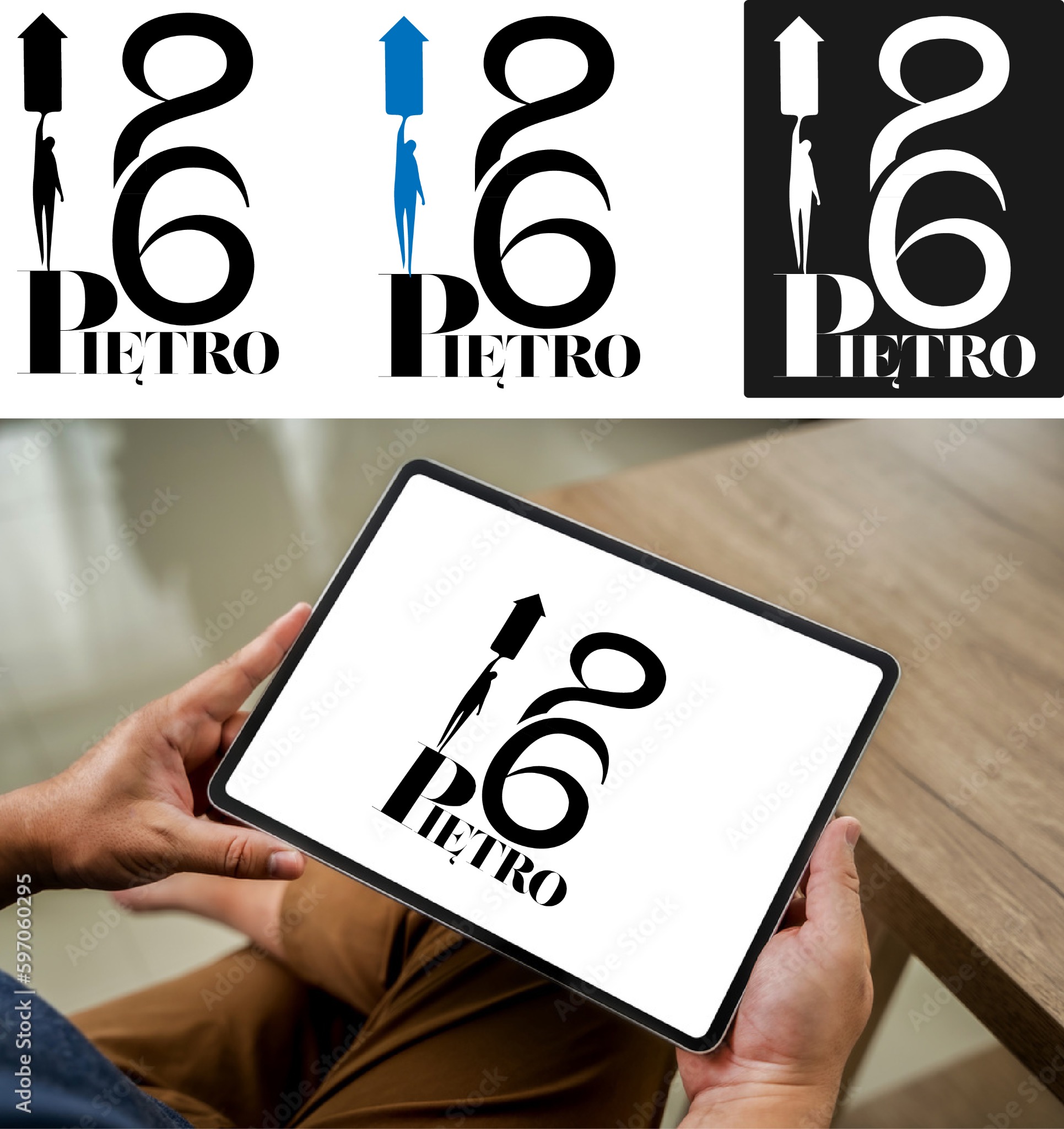 Tablet wyświetla trzy warianty logo 'Pietro' z sylwetką człowieka trzymającego strzałkę, na drewnianym biurku, trzymany w dłoniach.