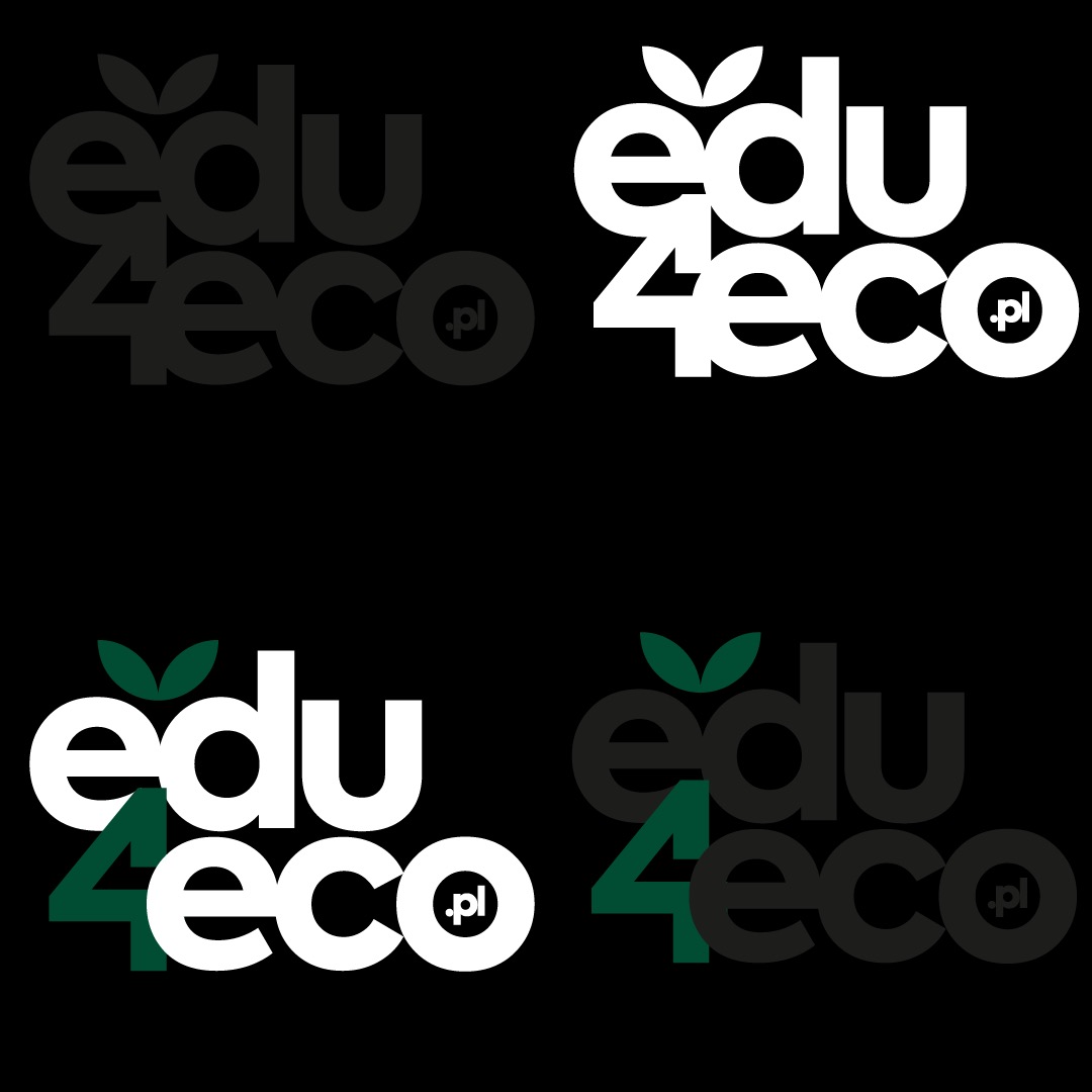 Cztery warianty logo 'edu4eco.pl' na czarnym tle, prezentujące różne kombinacje kolorystyczne: biały, szary i zielony, z elementem graficznym w kształcie dwóch listków nad napisem.