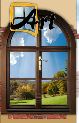 Ilustracja okna z brązową ramą, widok na jesienny krajobraz z błękitnym niebem, nakładka graficzna z napisem 'Art'.