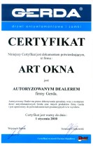 Certyfikat autoryzowanego dealera firmy Gerda, wydany dla Art Okna, z datą ważności 1 stycznia 2010.