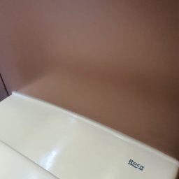 Salvare Serwis - Fragment toalety marki Roca, z widocznym logo na tle beżowej ściany.