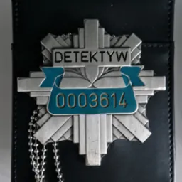 Metalowa odznaka z napisem 'Detektyw' i numerem 0003614, przypięta do czarnego skórzanego etui.