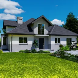 Dwukondygnacyjny dom z szarą dachówką i jasną elewacją, otoczony zadbanym ogrodem z trawnikiem i ozdobnymi krzewami, widok z przodu w słoneczny dzień.