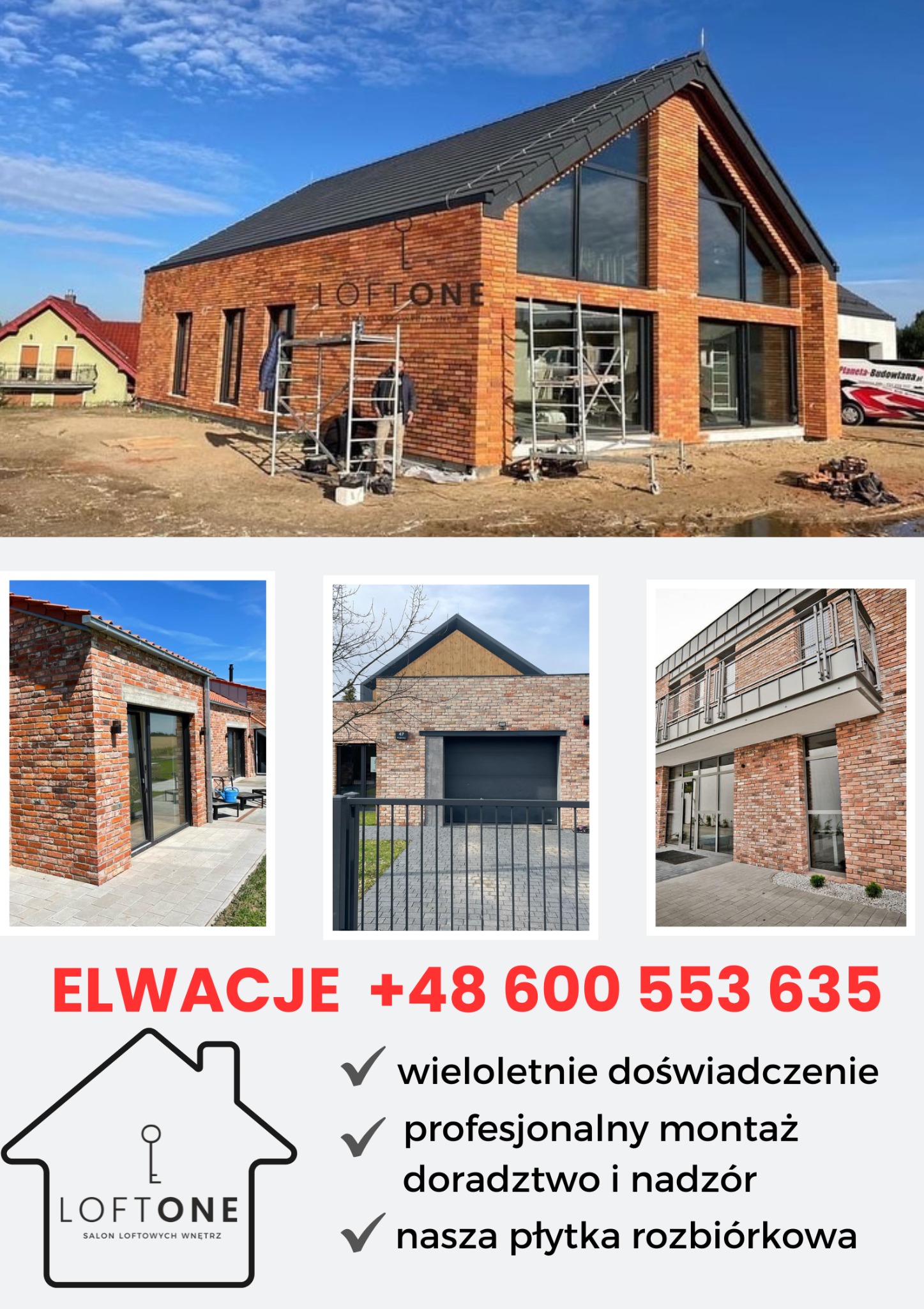 Wizualizacja elewacji budynku jednorodzinnego z cegły klinkierowej w stylu loftowym, z dużymi oknami i logotypem 'LOFTONE' na ścianie, widoczne rusztowania i ekipa montażowa, dodatkowo zdjęcia...