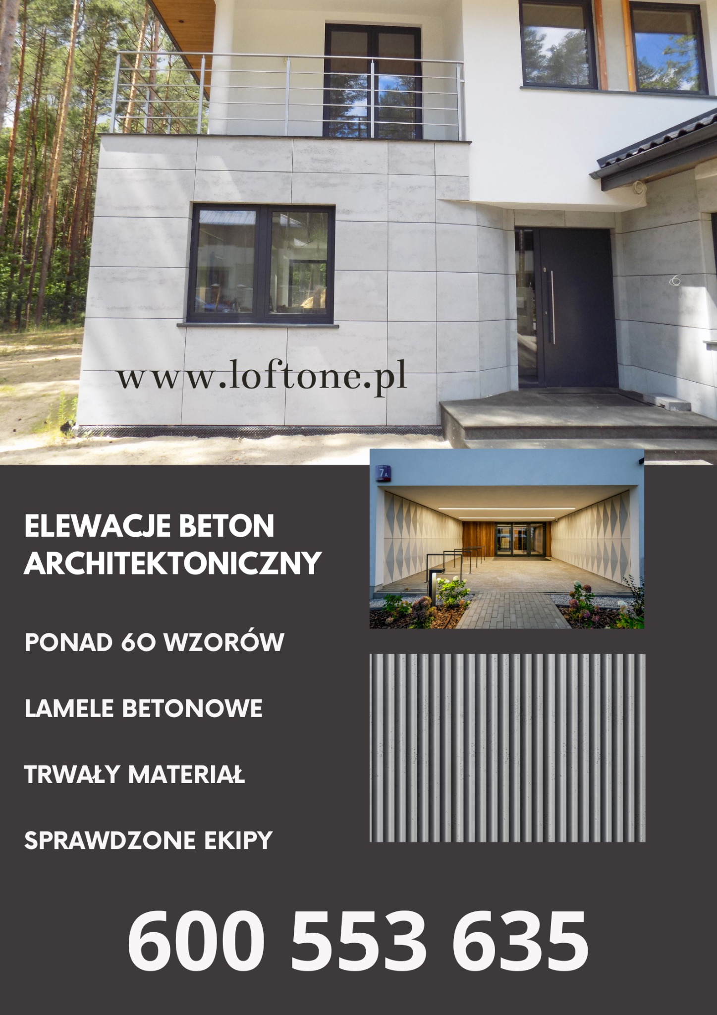 Nowoczesny dom z elewacją z betonu architektonicznego, widoczne okna z czarnymi ramami, balkon z metalową barierką i wejście z ciemnymi drzwiami.