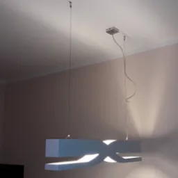 Nowoczesna, podwieszana lampa LED w kształcie dwóch przecinających się fal, zawieszona na cienkich linkach, z widocznymi kablami i delikatną poświatą na ścianie.