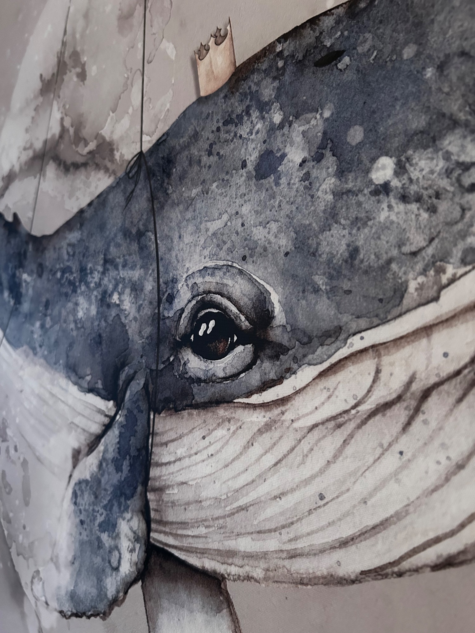 Fragment akwarelowej tapety z motywem wieloryba, widoczny detal oka i fragment płetwy piersiowej na tle imitującym niebo.