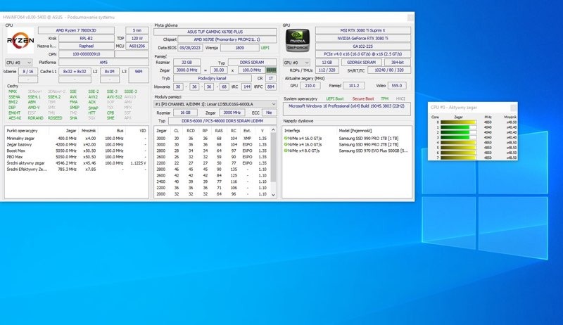 Zrzut ekranu programu HWINFO64 z informacjami o konfiguracji komputera, w tym procesor AMD Ryzen 7 7800X3D, karta graficzna MSI RTX 3080 Ti Suprim X i dyski SSD Samsung 990 PRO, widoczne parametry...