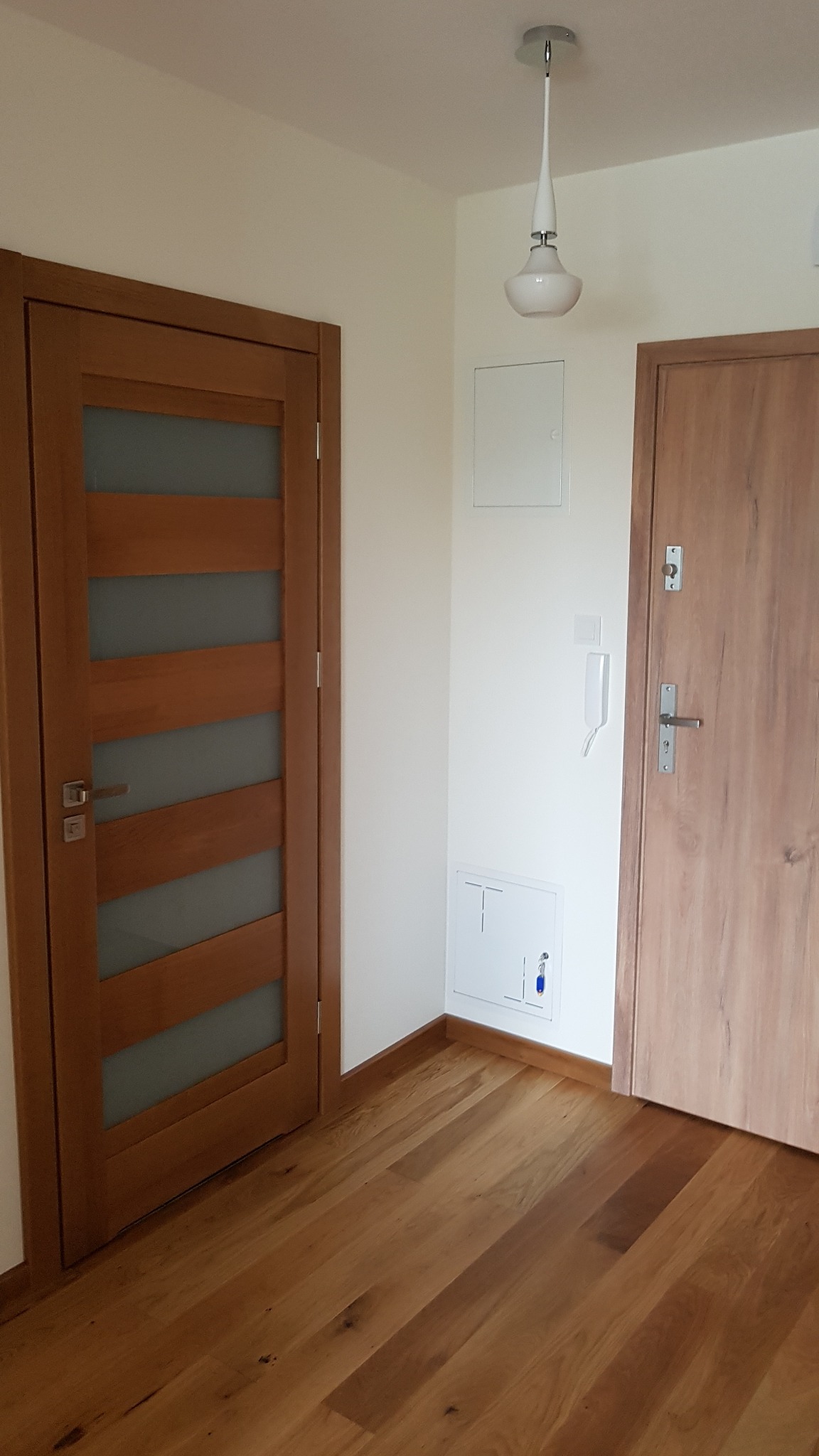 Wnętrze mieszkania z dwiema drewnianymi drzwiami, parkietem i nowoczesną lampą sufitową.