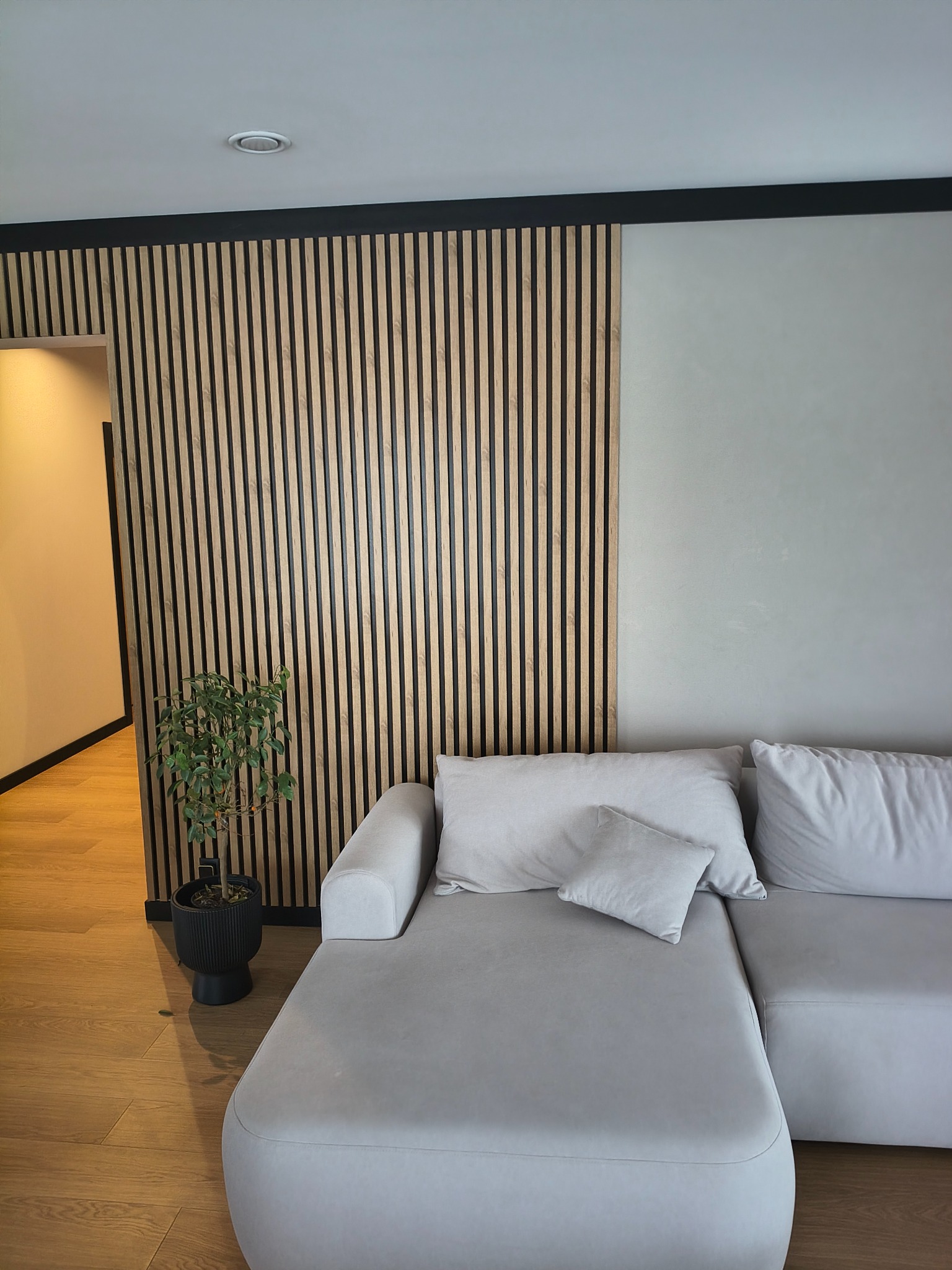 Nowoczesny salon z drewnianą ścianką działową z lameli, szarą sofą i rośliną w czarnej donicy. Parkiet na podłodze, minimalistyczny design.