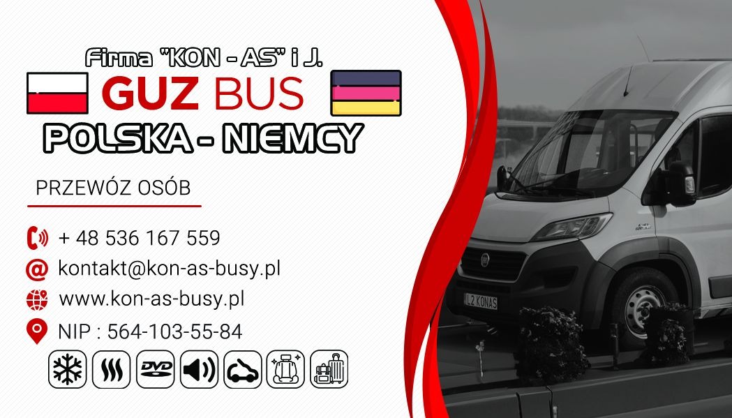 Wizytówka firmy przewozowej Guz Bus z numerem telefonu +48 536 167 559, adresem email kontakt@kon-as-busy.pl i NIP 564-103-55-84, oferującej przewóz osób na trasie Polska-Niemcy, z symbolem flag...