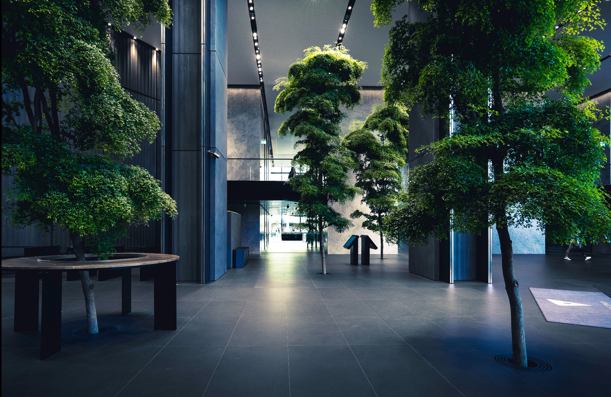 Nowoczesne lobby biurowca z drzewami w donicach, szara podłoga z płytek, minimalistyczne oświetlenie sufitowe.