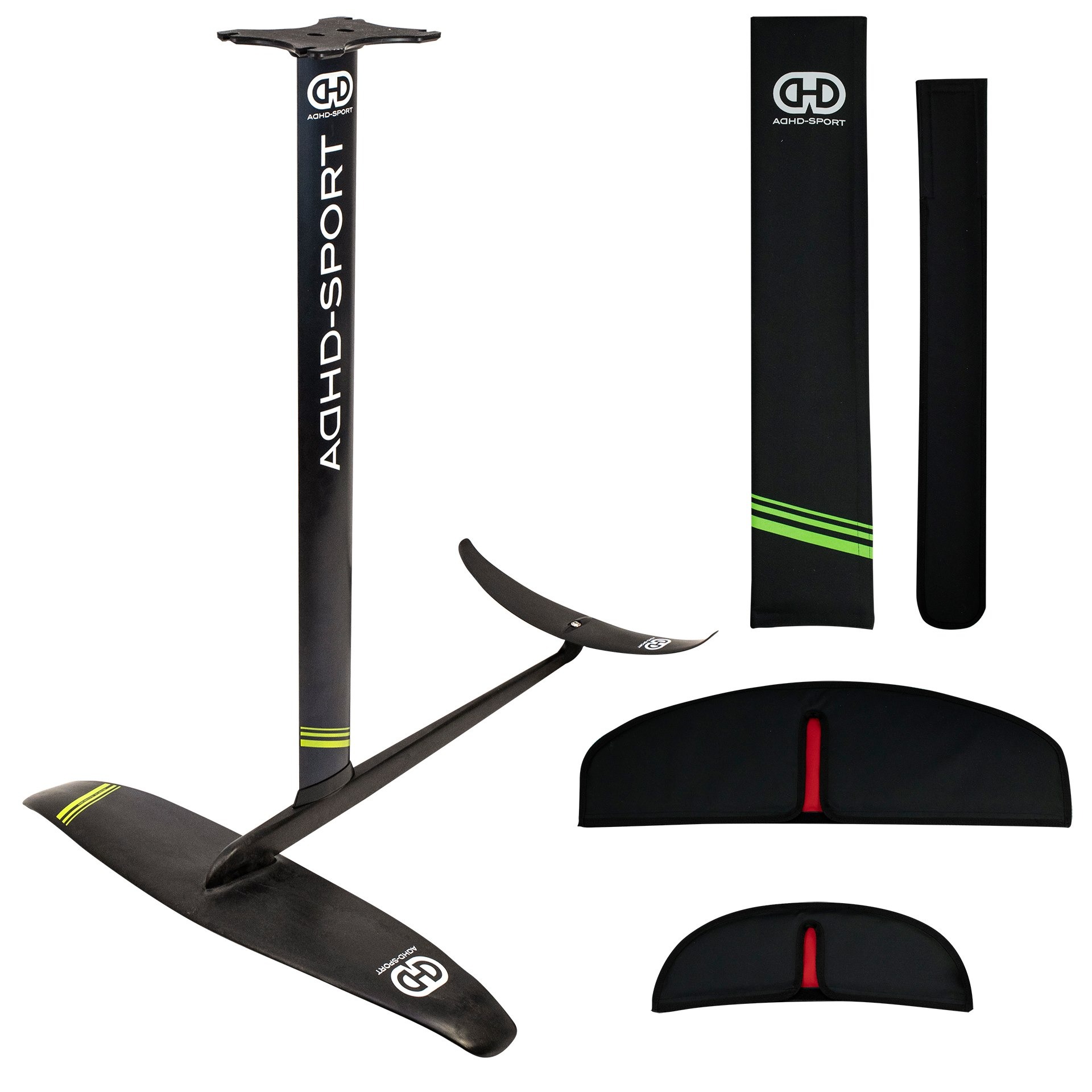 Czarny hydrofoil AHD-Sport z akcesoriami, w tym pokrowce ochronne na skrzydła i maszt, prezentowany na białym tle.