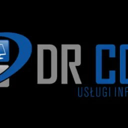 Logo firmy DR COMP Usługi Informatyczne z ikoną monitora i stetoskopu na czarnym tle. Nazwa firmy w kolorach szarym i niebieskim.