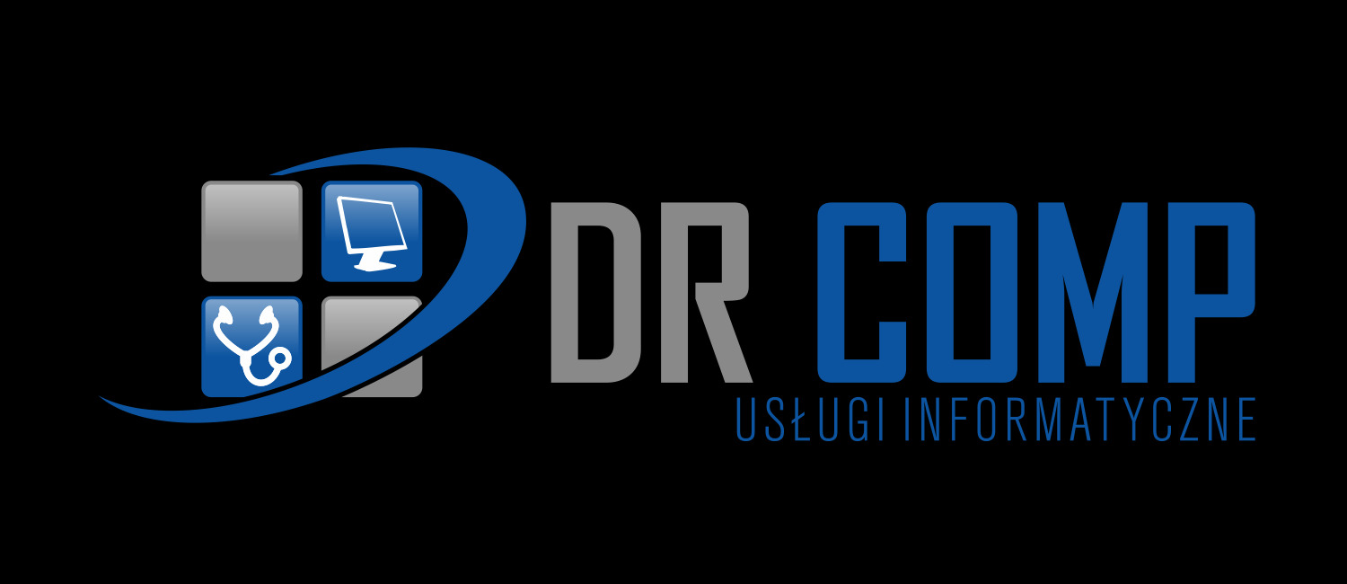 Logo firmy DR COMP Usługi Informatyczne z ikoną monitora i stetoskopu na czarnym tle. Nazwa firmy w kolorach szarym i niebieskim.