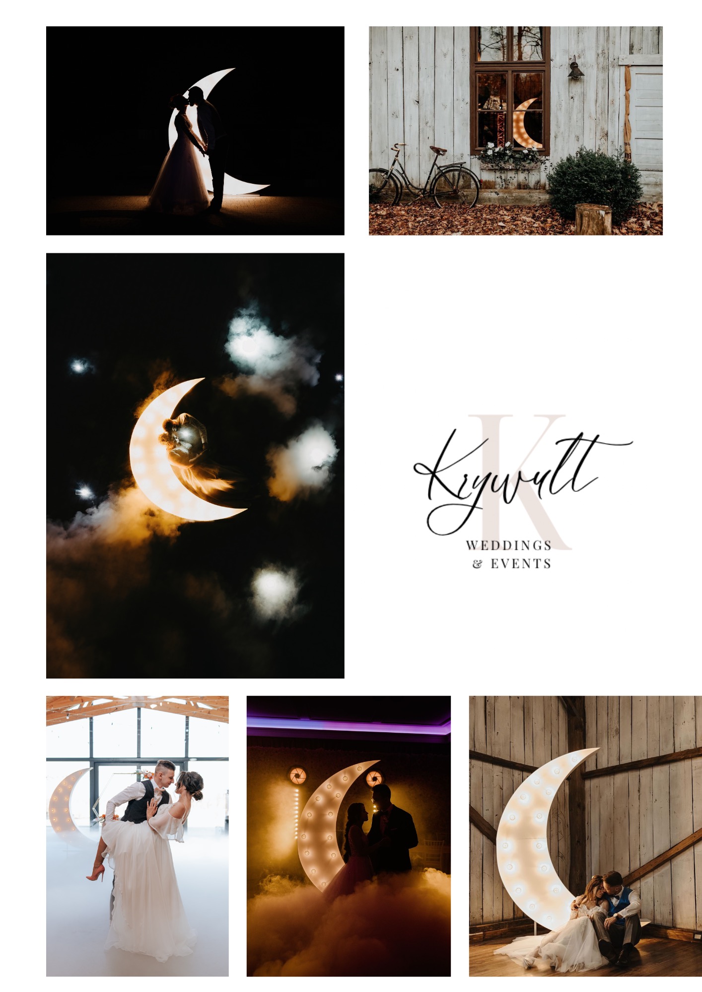 Para młoda pozuje przed dekoracją w kształcie podświetlonego księżyca, w tle drewniana ściana i subtelna mgła.