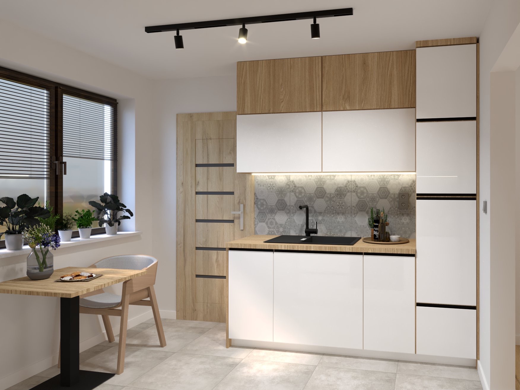 Wizualizacja nowoczesnej kuchni z białymi szafkami i drewnianymi akcentami, czarną armaturą i geometryczną mozaiką nad blatem, uzupełniona o stół z krzesłem przy oknie z roślinami.