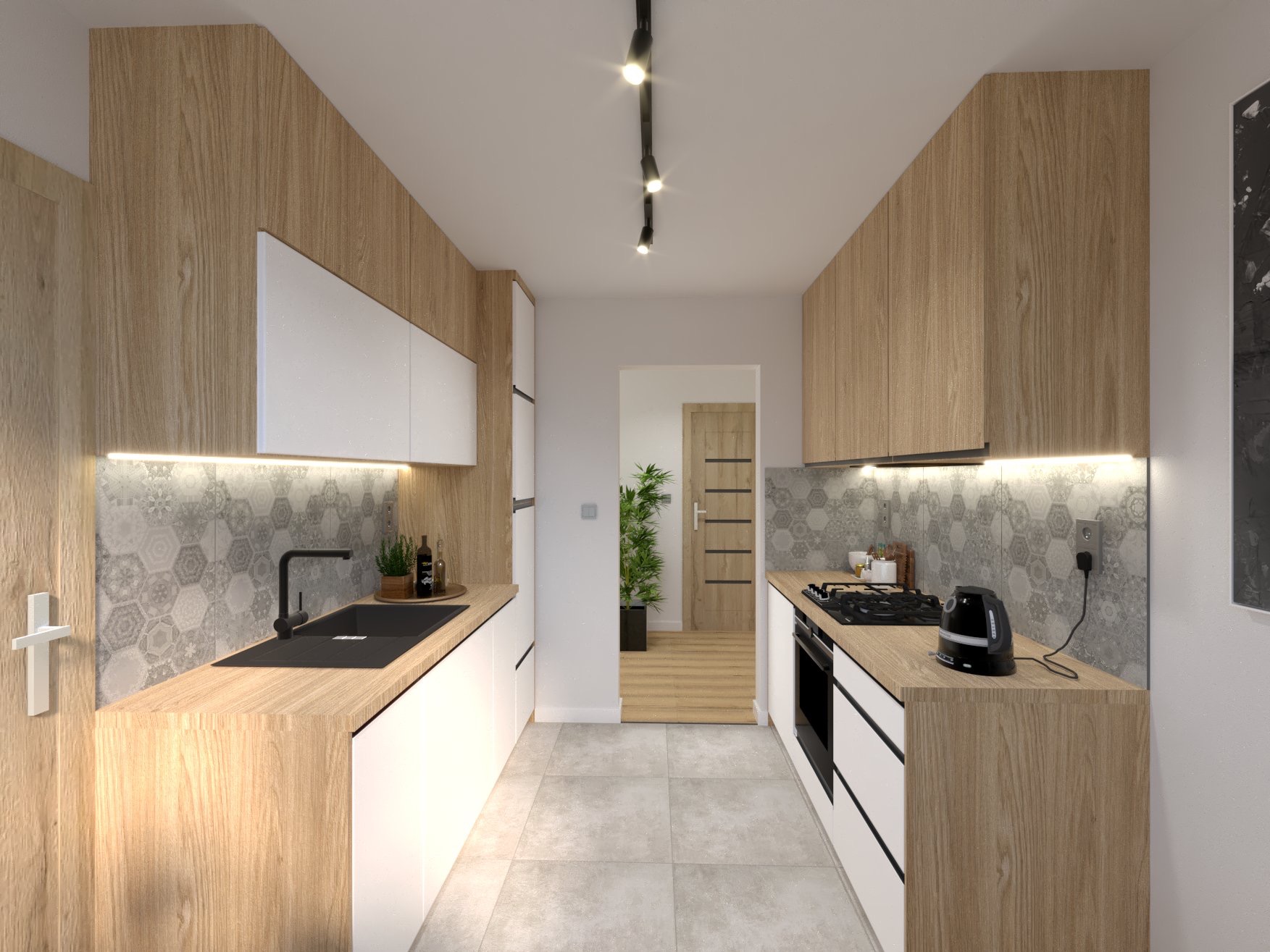 Wąska kuchnia z drewnianymi i białymi szafkami, heksagonalnymi płytkami na ścianie, czarnym zlewem i czajnikiem, oświetleniem punktowym i widokiem na przedpokój z rośliną doniczkową.