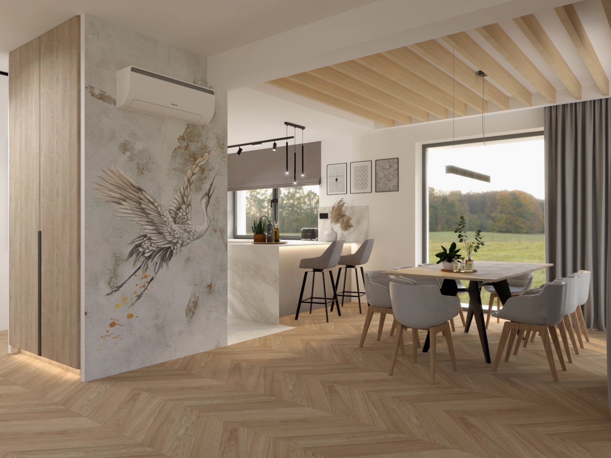 Jasna, przestronna kuchnia z jadalnią, drewniana podłoga w jodełkę, ściana z motywem żurawia, minimalistyczne krzesła i stół, widok na zieleń za oknem.