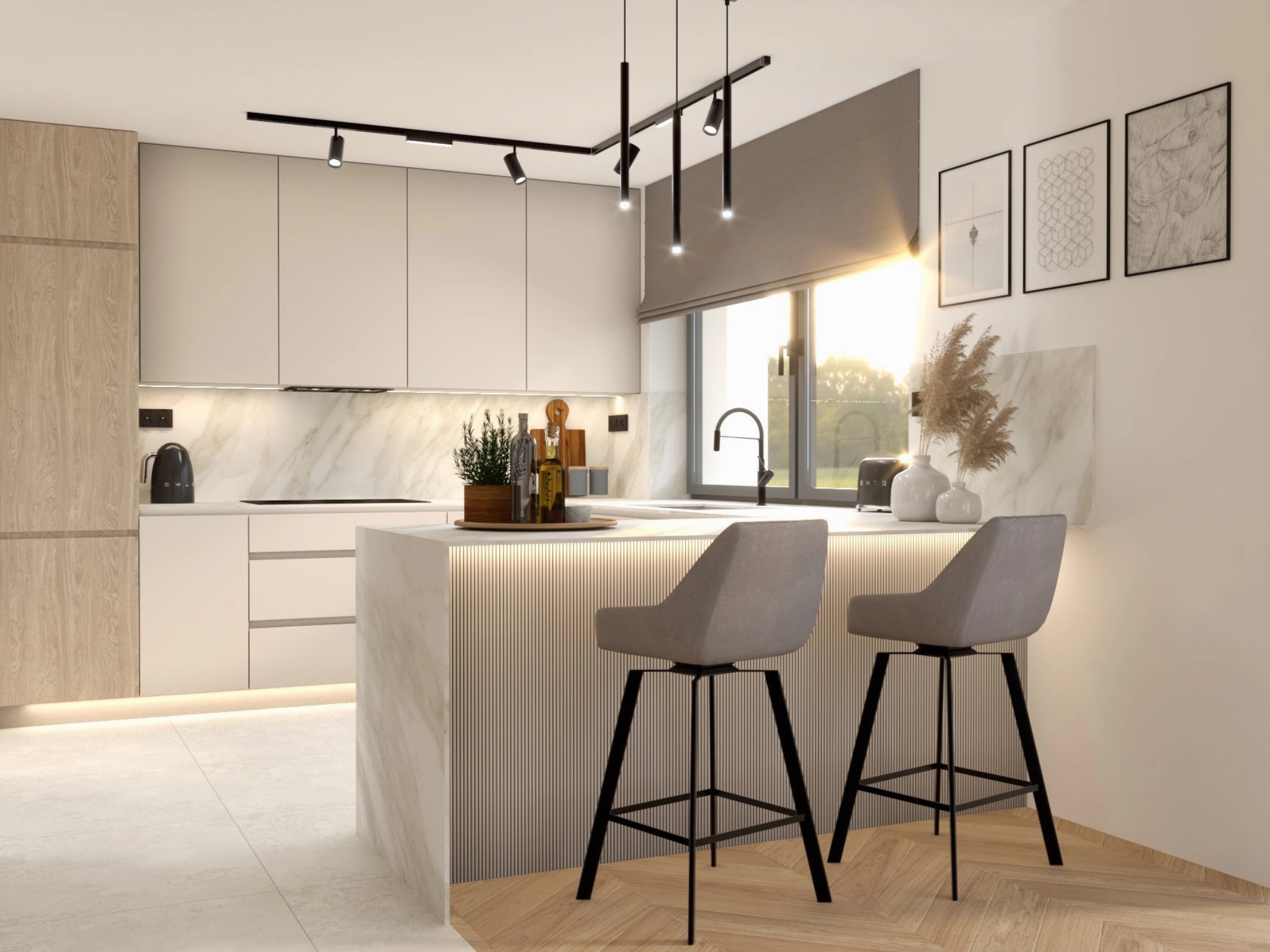 Nowoczesna kuchnia z wyspą, oświetleniem podszafkowym LED i dwoma szarymi hokerami przy wyspie. Na blacie dekoracje, a w tle trzy grafiki na ścianie.