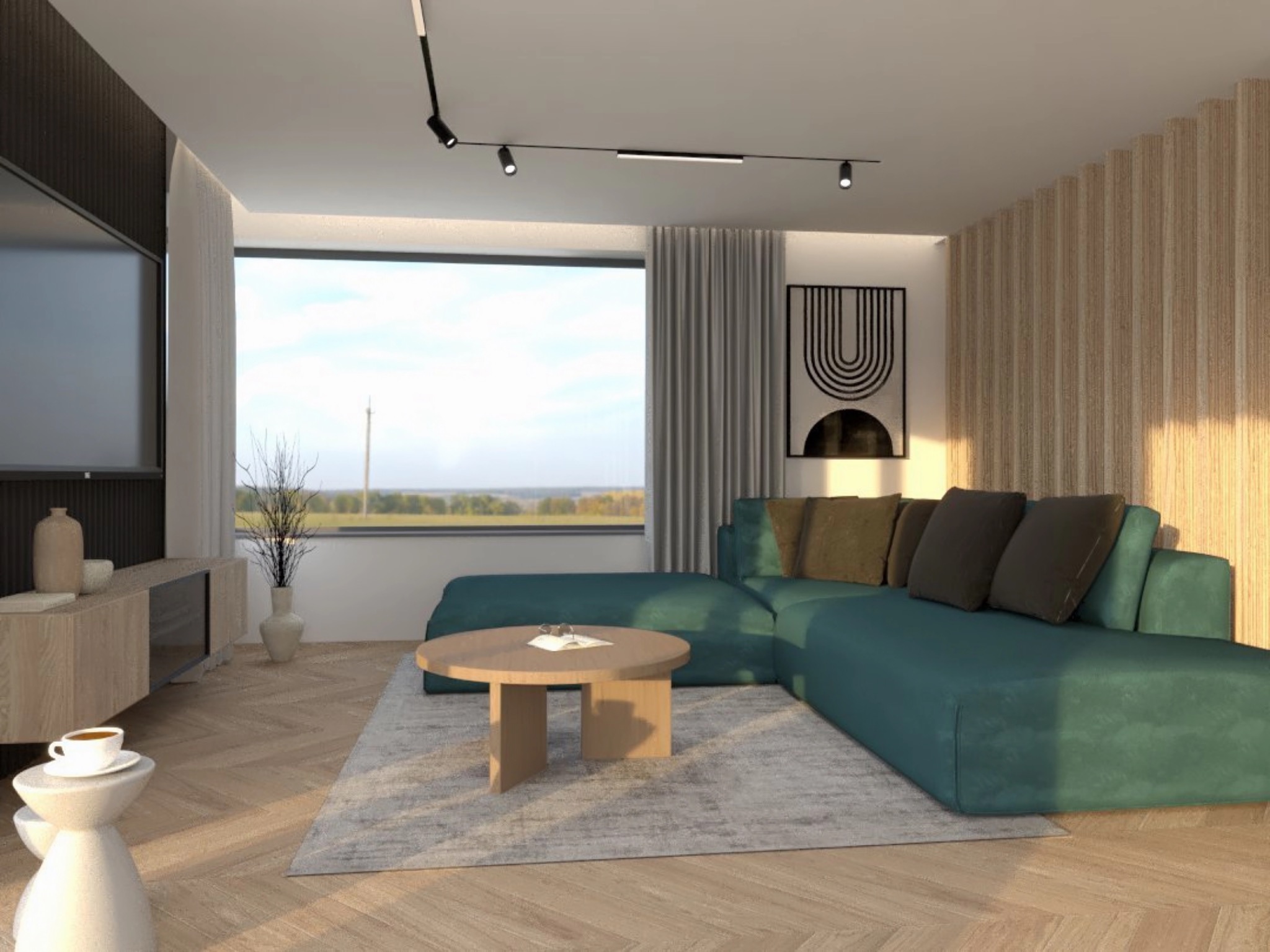 Wizualizacja salonu z turkusową sofą narożną, okrągłym stolikiem kawowym i drewnianą ścianą akcentującą, oświetlonego reflektorami szynowymi.