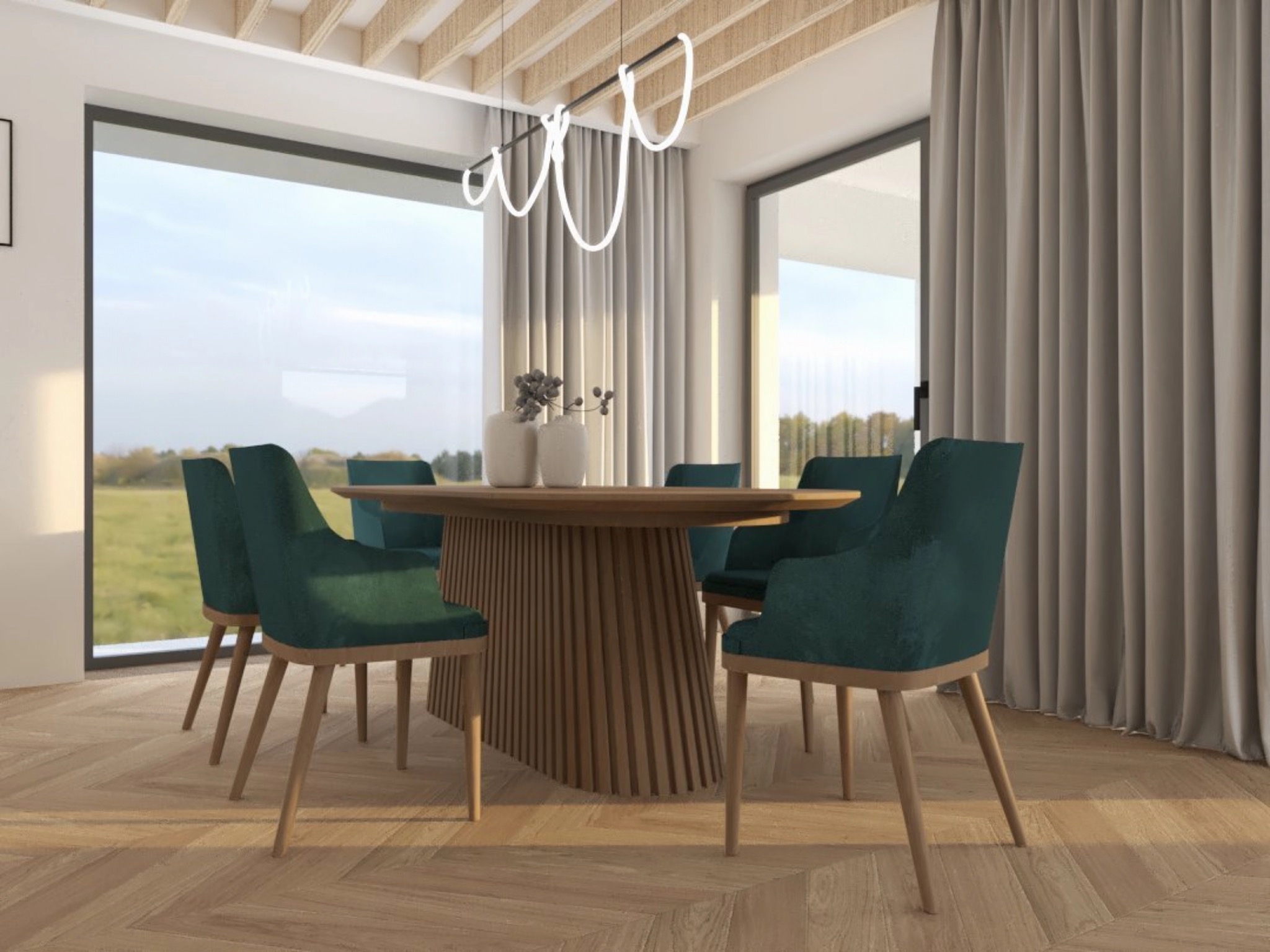 Nowoczesna aranżacja jadalni w Żywcu: okrągły stół z drewnianym blatem i podstawą z pionowych listew, otoczony zielonymi, tapicerowanymi krzesłami na drewnianych nogach, oświetlona minimalistyczną...