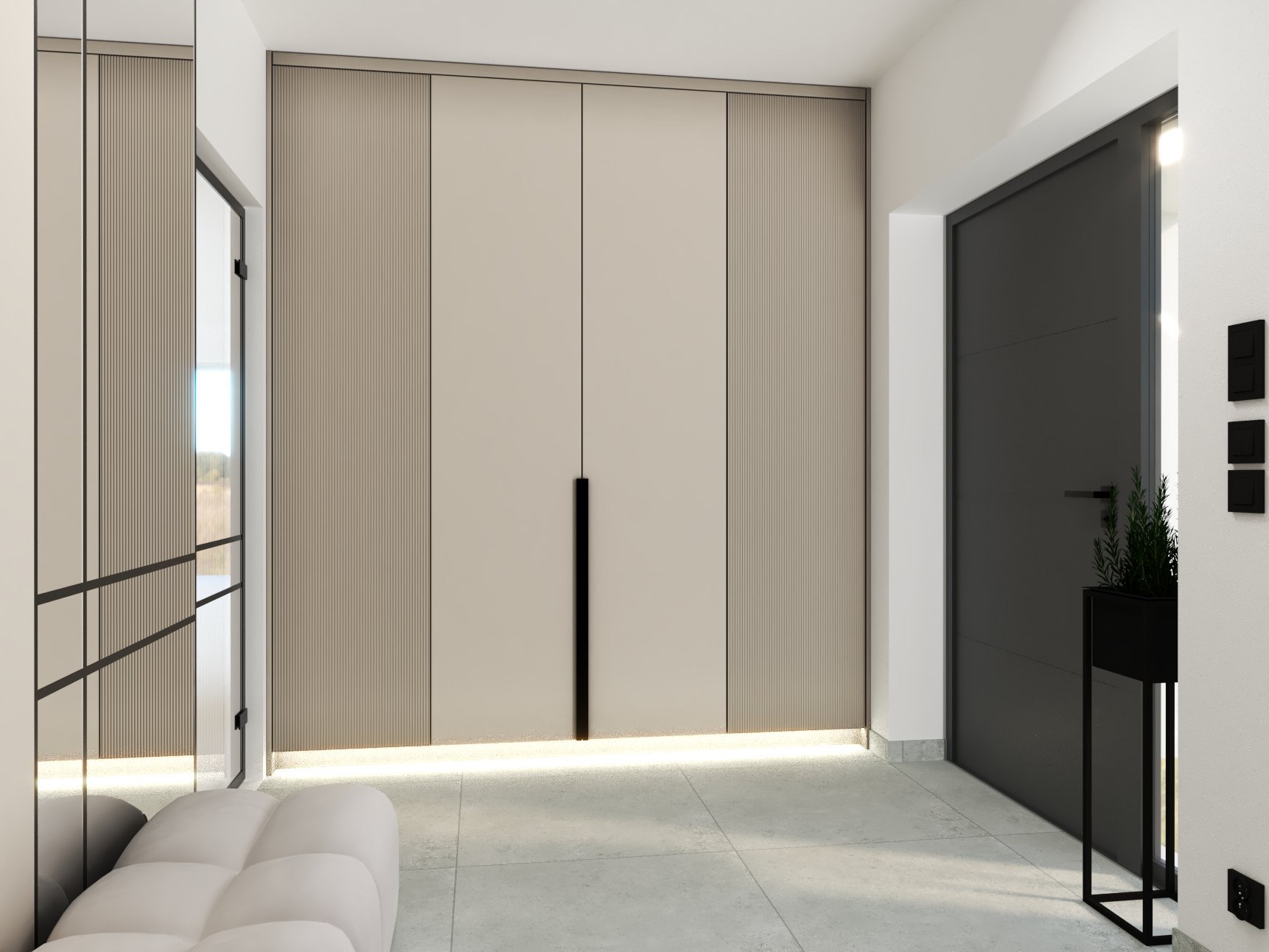 Wnętrze przedpokoju z dużą szafą w zabudowie w odcieniach beżu, z ryflowanymi panelami po bokach i podświetleniem LED u dołu, obok lustrzane drzwi i szara ściana z czarnymi włącznikami, a po prawej...