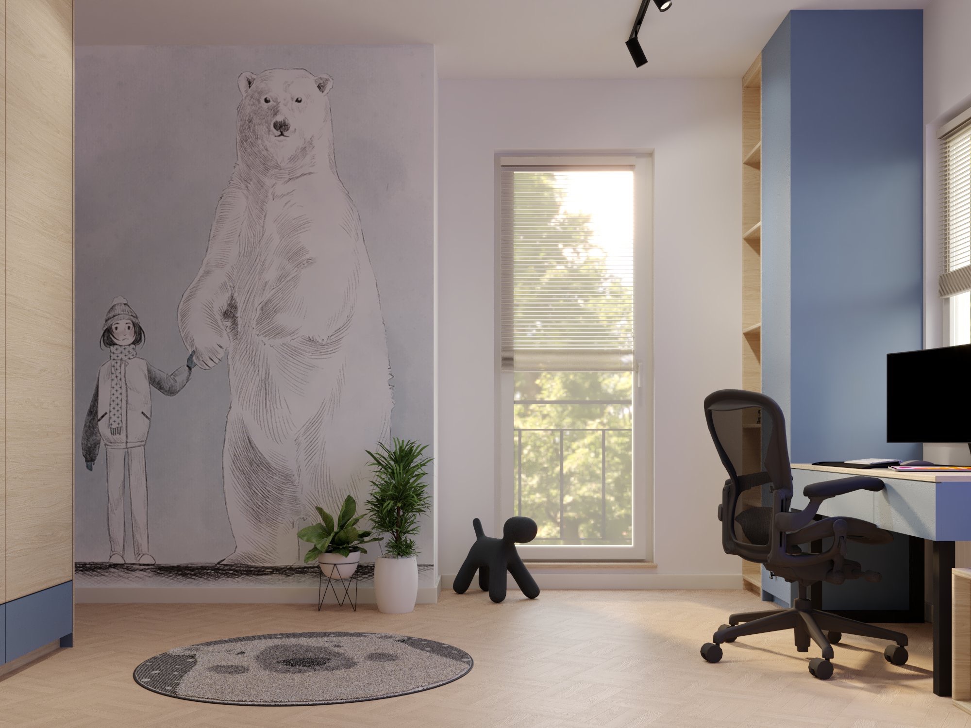 Pokój dziecięcy z biurkiem, krzesłem ergonomicznym i ścianą ozdobioną rysunkiem niedźwiedzia polarnego trzymającego za rękę dziecko w zimowej czapce, uzupełniony roślinami doniczkowymi i okrągłym...