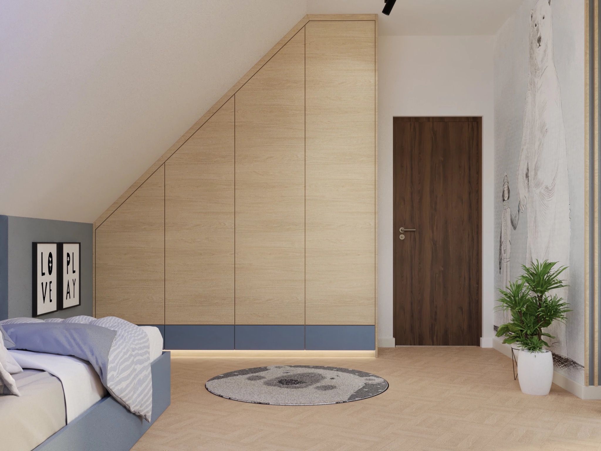 Sypialnia na poddaszu z zabudowaną szafą z drewnianymi frontami, okrągłym dywanem z motywem niedźwiedzia i plakatem z niedźwiedziem na ścianie.