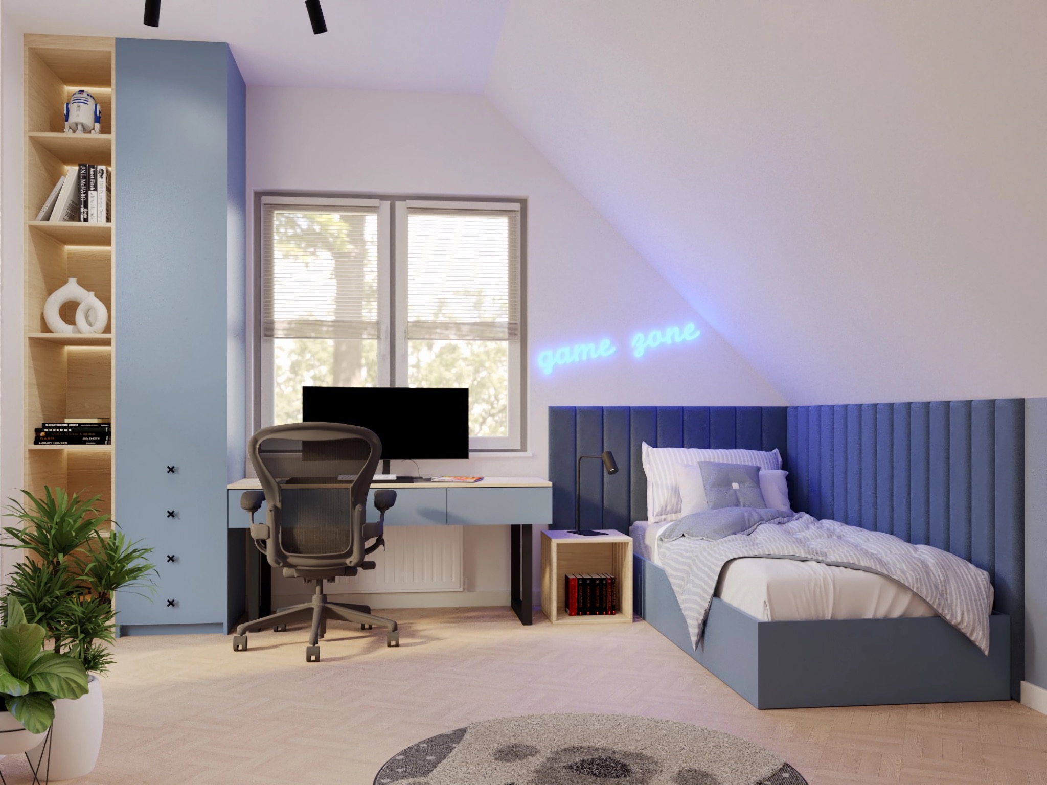 Pokój młodzieżowy na poddaszu z niebieskimi akcentami, biurkiem, krzesłem ergonomicznym, łóżkiem z tapicerowanym zagłówkiem i neonem 'game zone' na ścianie.