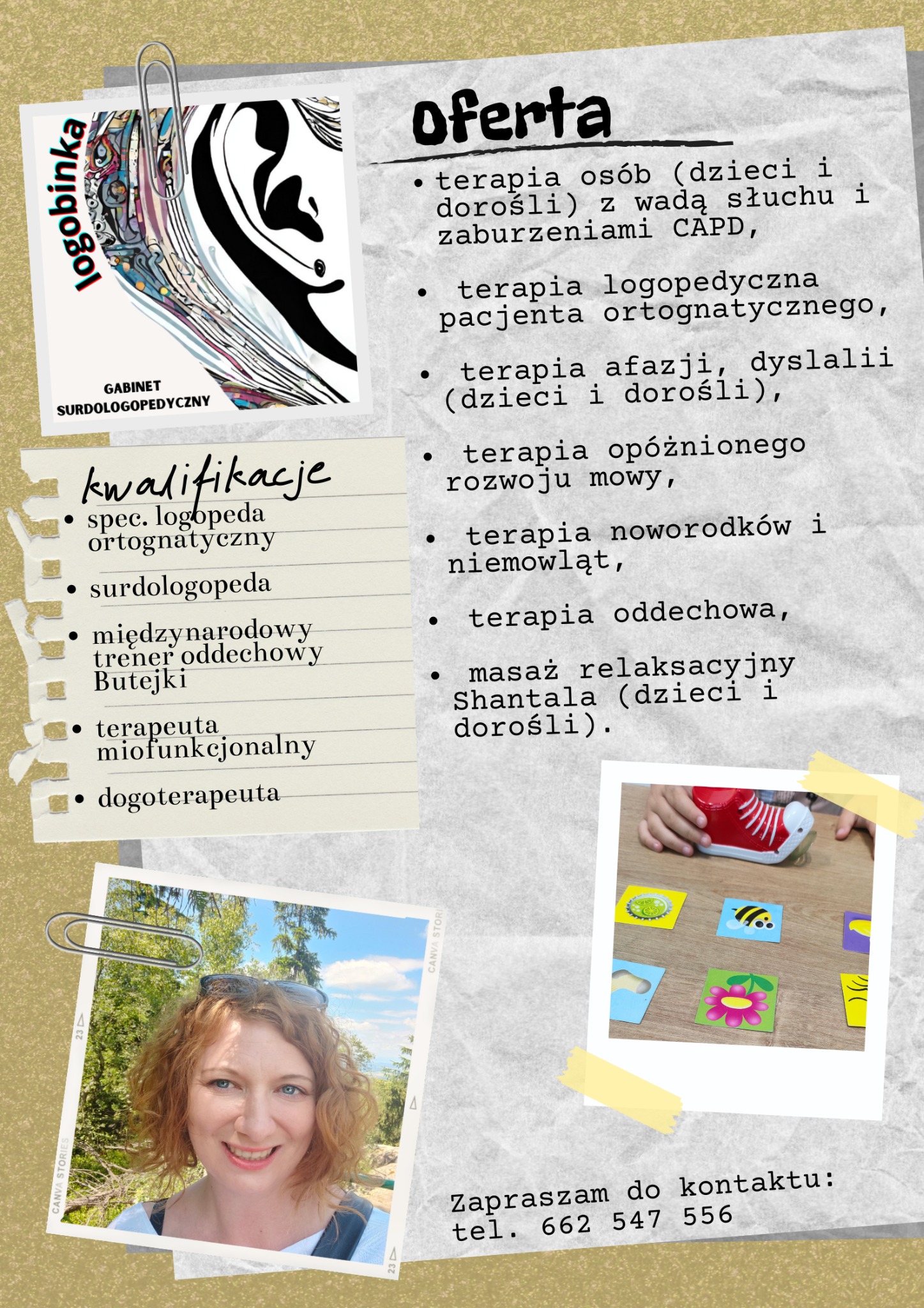 Ulotka reklamowa gabinetu surdologopedycznego z ofertą terapii logopedycznych, kwalifikacjami specjalistów i danymi kontaktowymi, prezentująca logo oraz zdjęcie terapeuty i dziecka podczas zajęć.