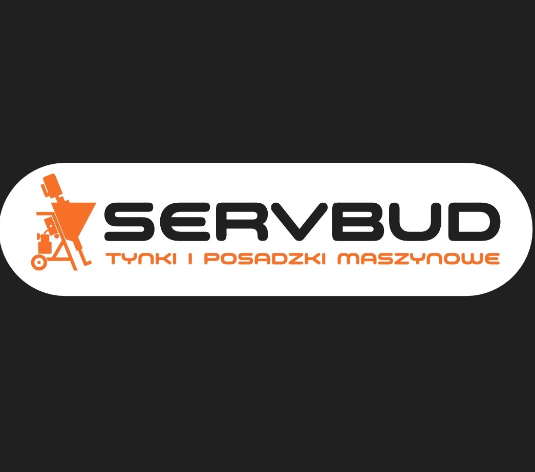Logo firmy Servbud z pomarańczowym symbolem agregatu tynkarskiego i tekstem 'Tynki i posadzki maszynowe'.