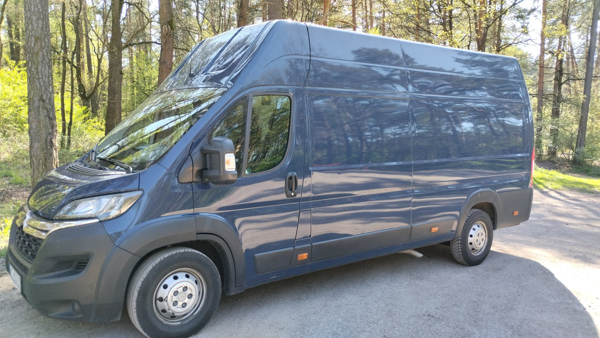 Niebieski bus dostawczy z wysokim dachem zaparkowany na leśnej drodze, widok z boku, oświetlenie słoneczne.