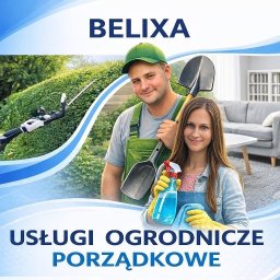 BELIXA Piotr Kluge - Uśmiechnięci ogrodnicy z łopatą i środkiem czyszczącym, w tle żywopłot, kosiarka i salon. Reklama usług ogrodniczych i porządkowych.