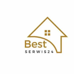 Złote logo firmy Best Serwis 24 przedstawiające zarys domu z oknem