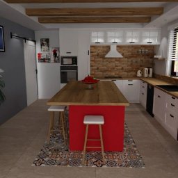 Katarzyna Zasadzińska Projekty Wnętrz - Wizualizacja kuchni z wyspą o czerwonym froncie i blatem imitującym drewno, uzupełniona o drewniane belki stropowe i dekoracyjną ścianę z cegły.