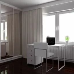 Jasne biuro z białymi meblami, biurkiem i krzesłem, z laptopem na blacie, widokiem na okno z roślinami w doniczkach i częścią wiszącego fotela, odbicie w lustrzanej szafie.