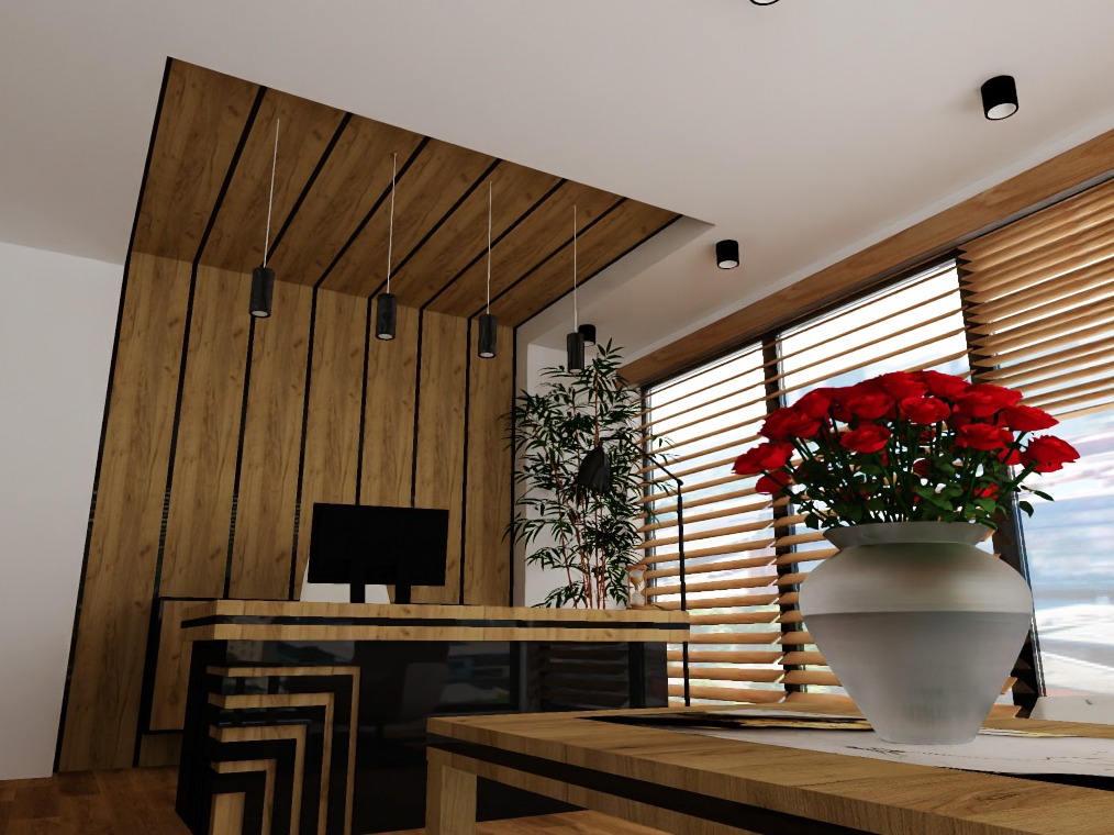 Wnętrze biura z drewnianą ścianą, czarnymi lampami wiszącymi, biurkiem z czarno-drewnianymi zdobieniami, komputerem, rośliną doniczkową i bukietem czerwonych róż na stole z drewnianym blatem.