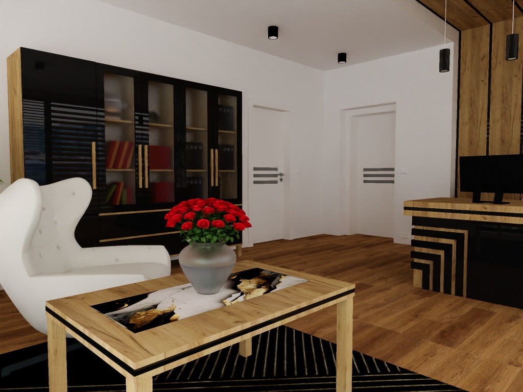 Elegancki salon z czarną zabudową biblioteczną, białym fotelem uszak, stolikiem kawowym z abstrakcyjnym wzorem i bukietem czerwonych róż w szklanym wazonie.