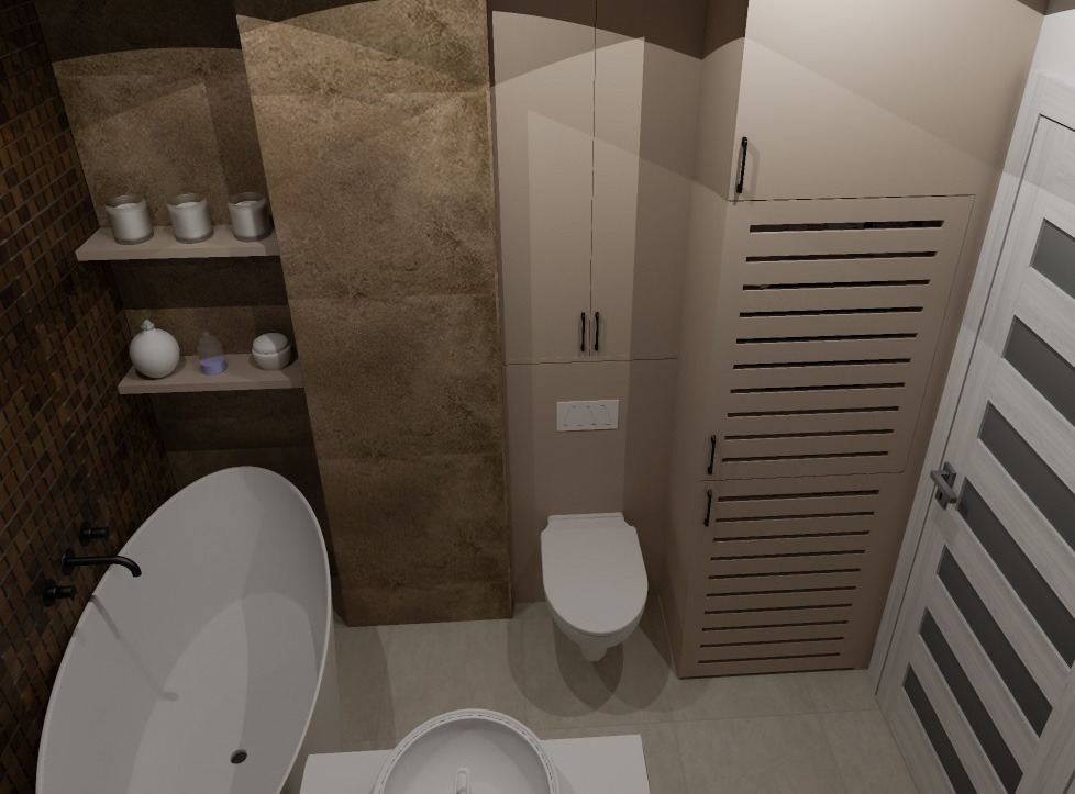 Wizualizacja łazienki z wolnostojącą wanną, umywalką nablatową, toaletą i szafkami w zabudowie, wykończona mozaiką i płytkami imitującymi kamień.