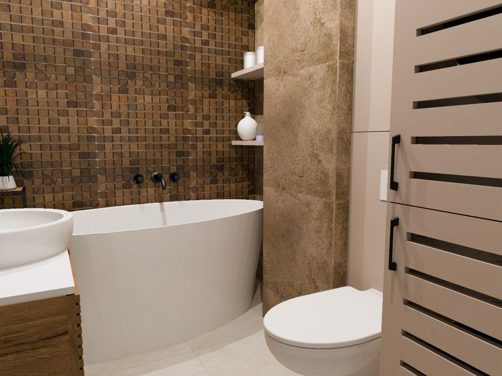 Nowoczesna łazienka w Lubrańcu z wanną wolnostojącą na tle ściany wyłożonej mozaiką z drewnopodobnych płytek i szafką z lamelami w kolorze beżowym.
